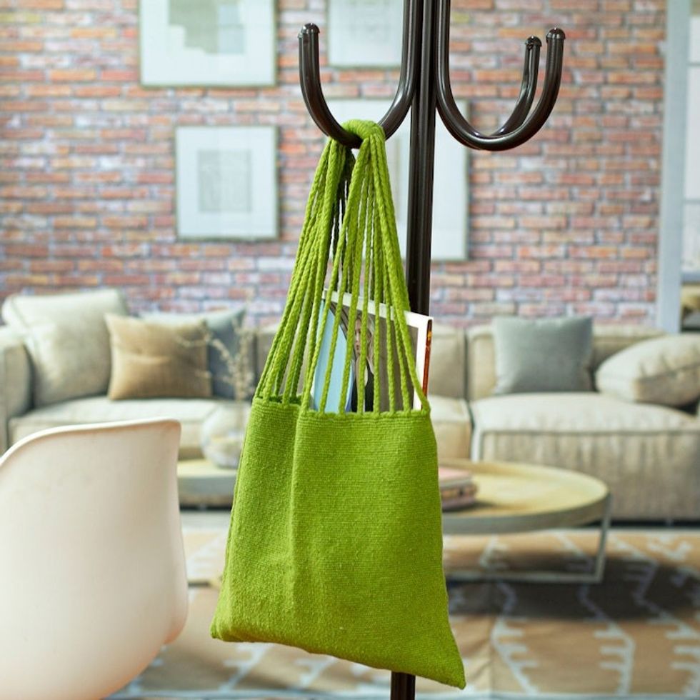 Handloomed Solid Olive Wool Tote Bag from Mexico 'Royal Olive'