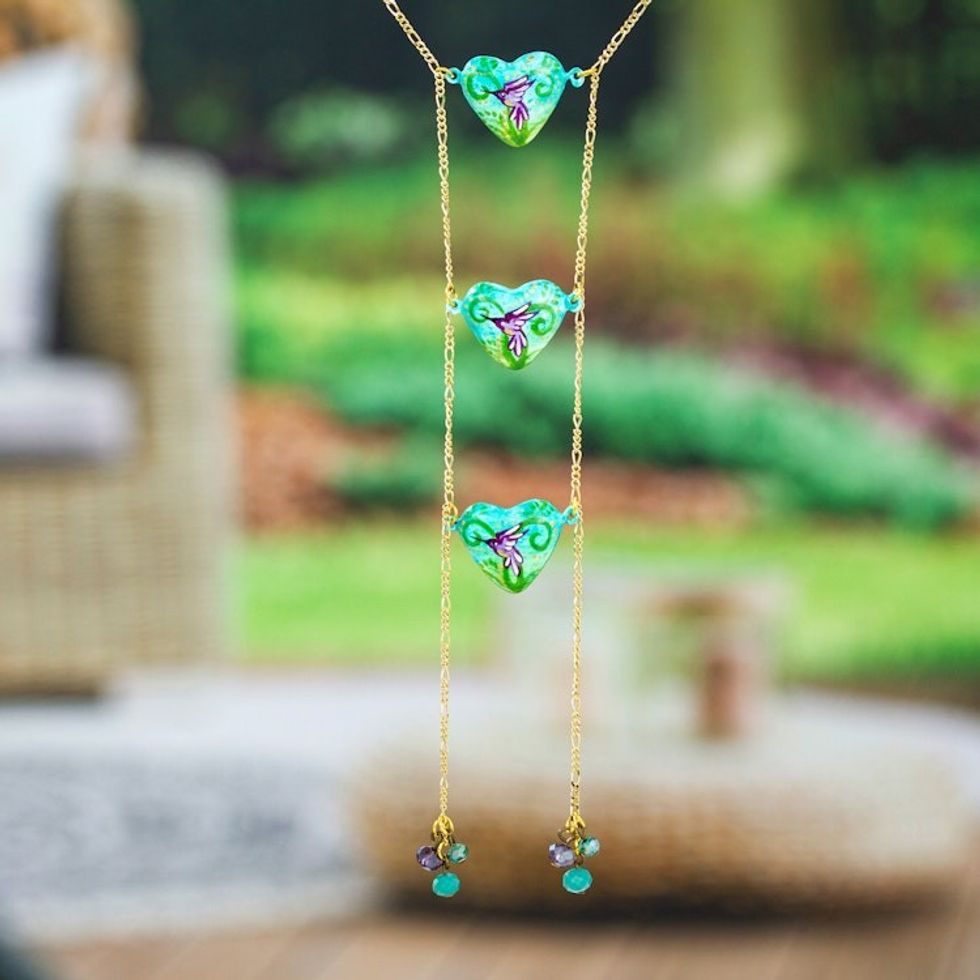 14k Gold-Plated Waterfall Necklace with Hummingbird Motifs 'Refreshing Adoration'