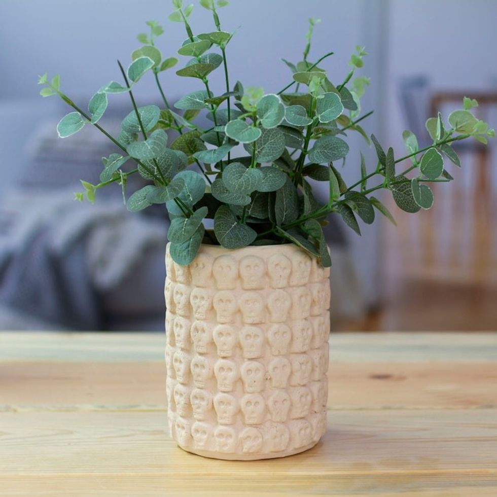 Skull-Patterned White Ceramic Flower Pot from Mexico 'Rows of White Skulls'