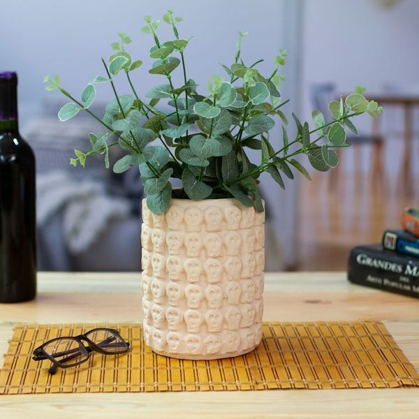 Alternate image for Skull-Patterned White Ceramic Flower Pot from Mexico Rows of White Skulls