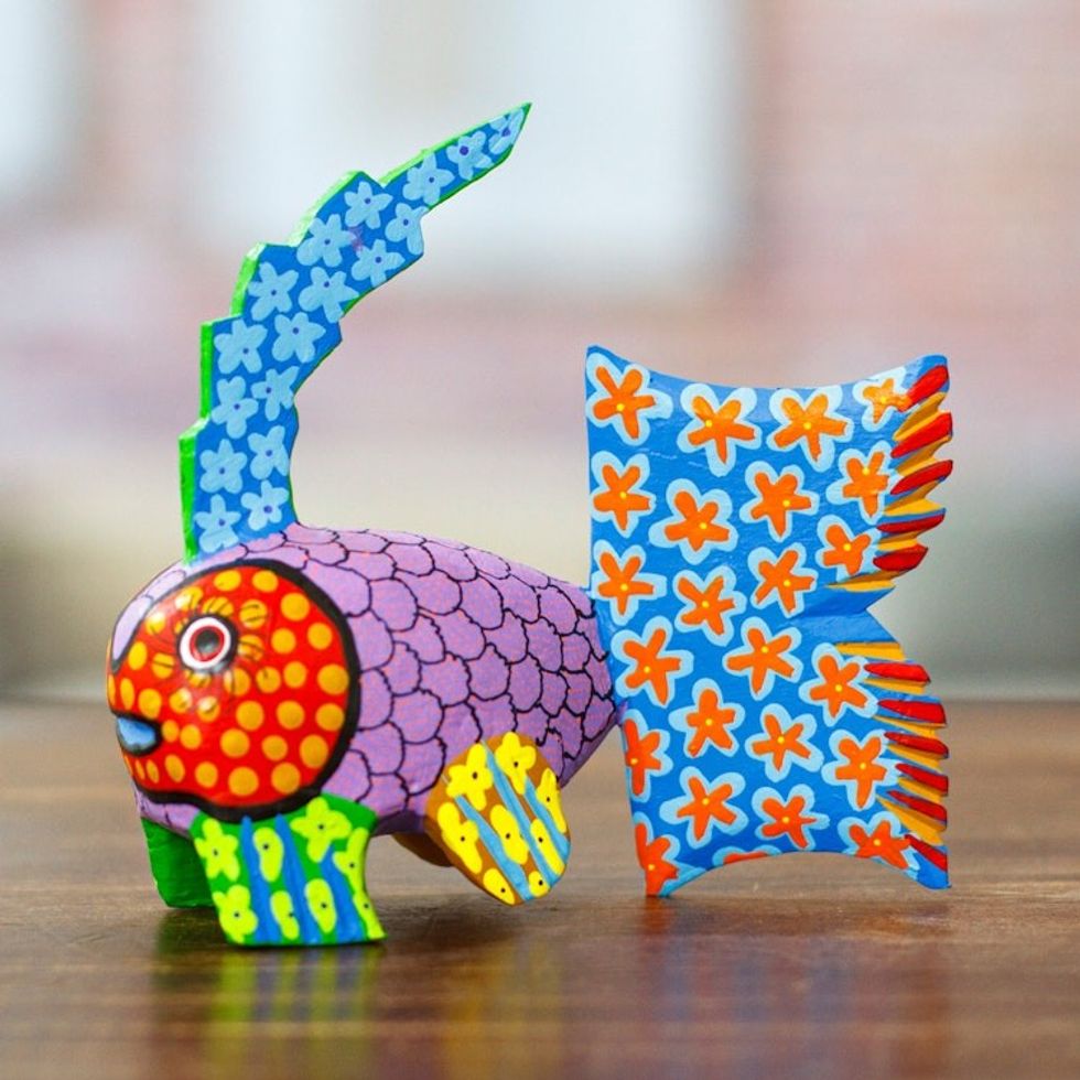 Hand-Painted Wood Fish Alebrije Figurine with Floral Motifs 'Petite Fish in Purple'