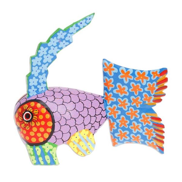 Alternate image for Hand-Painted Wood Fish Alebrije Figurine with Floral Motifs Petite Fish in Purple