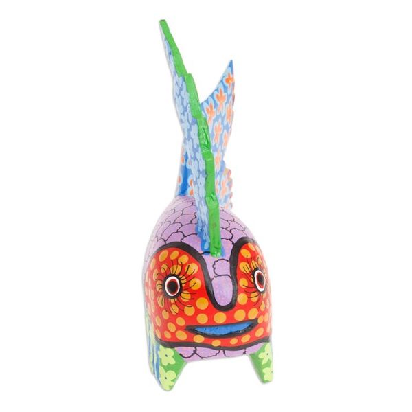 Alternate image for Hand-Painted Wood Fish Alebrije Figurine with Floral Motifs Petite Fish in Purple