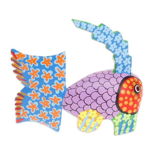 Alternate image for Hand-Painted Wood Fish Alebrije Figurine with Floral Motifs Petite Fish in Purple