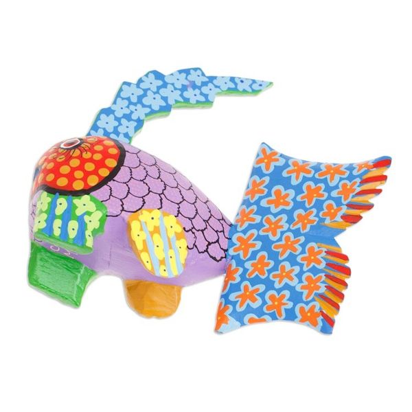 Alternate image for Hand-Painted Wood Fish Alebrije Figurine with Floral Motifs Petite Fish in Purple