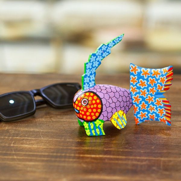 Alternate image for Hand-Painted Wood Fish Alebrije Figurine with Floral Motifs Petite Fish in Purple