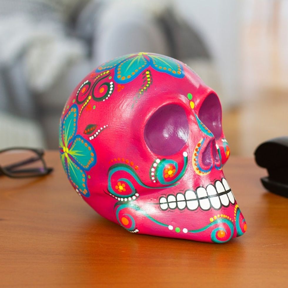 Handcrafted Recycled Paper Floral Carmine Skull Statuette 'Carmine Underworld'