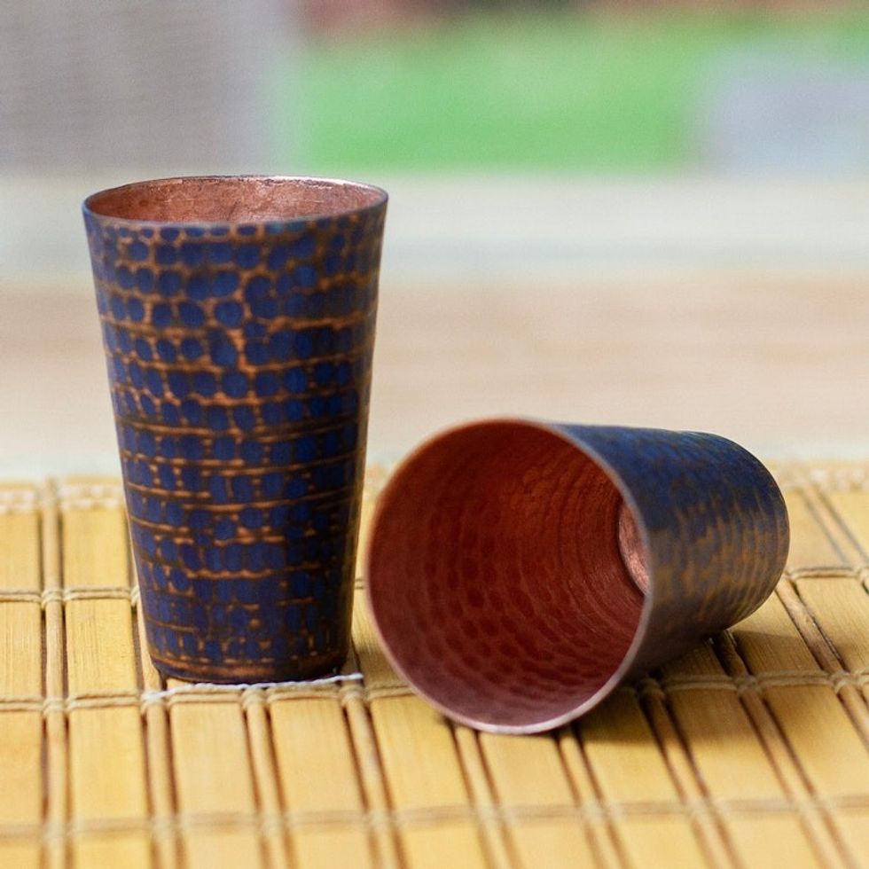 2 Blue Hammered Oxidized Recycled Copper Tequila Cups 'Cheers in Blue'