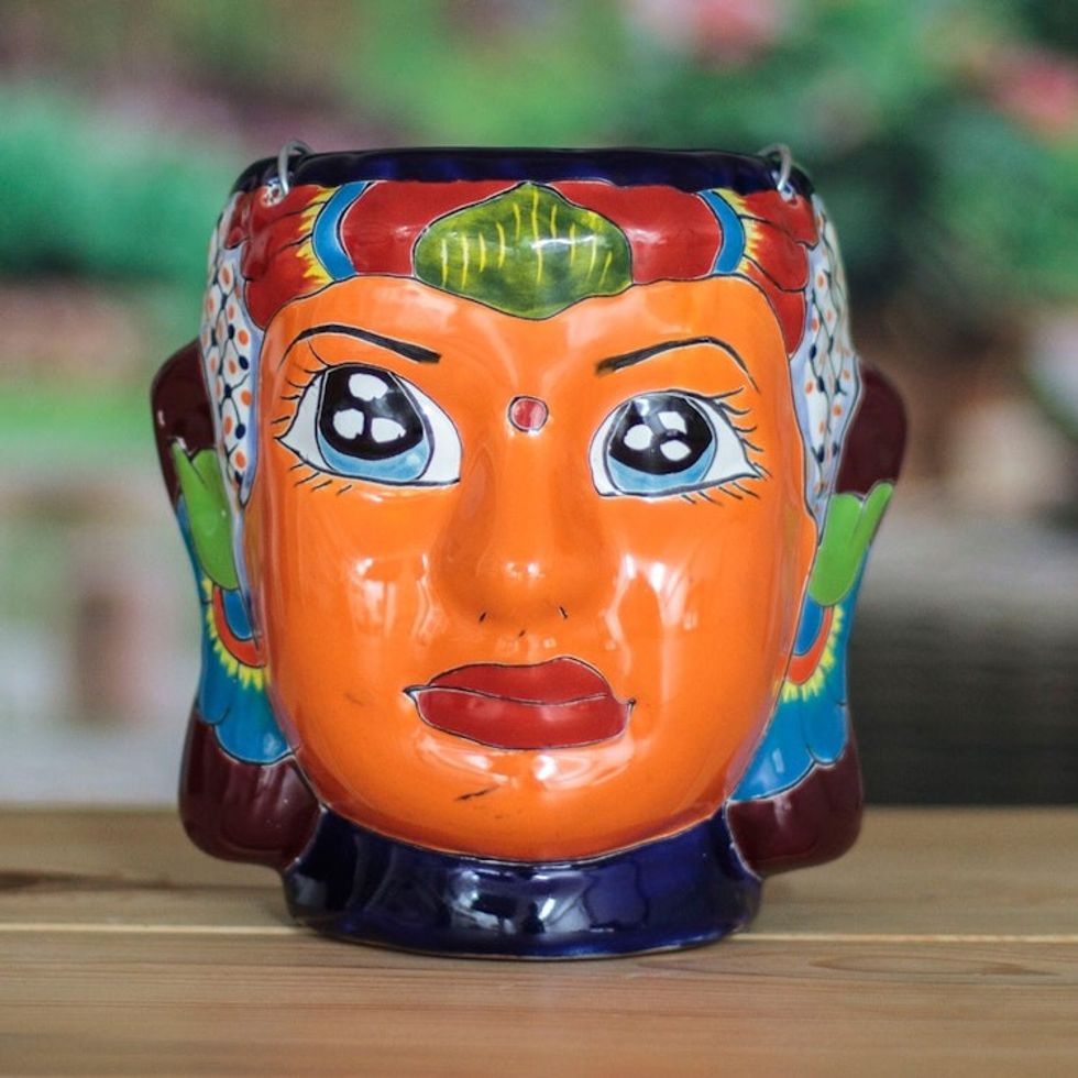 Hacienda and Indian-Themed Ceramic Hanging Planter in Orange 'Classic Customs'