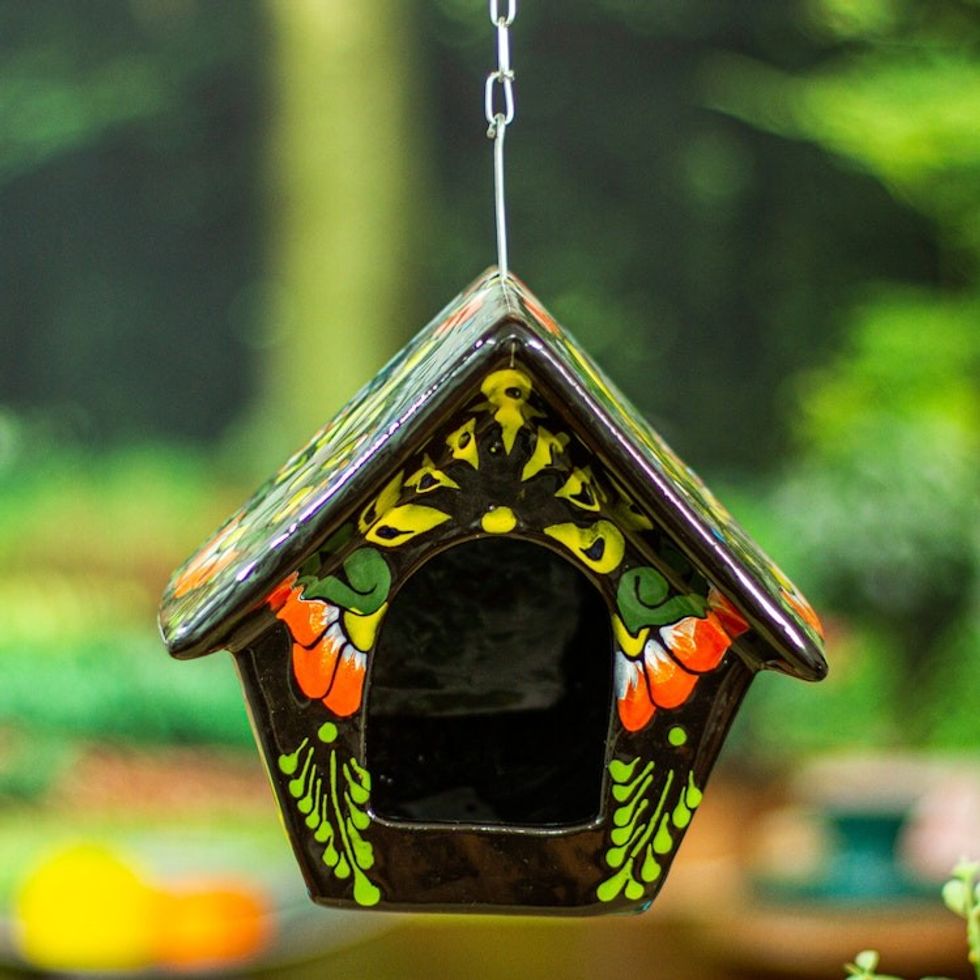 Hand-Painted Talavera Ceramic Bird Feeder in Black 'Night Arcadia'