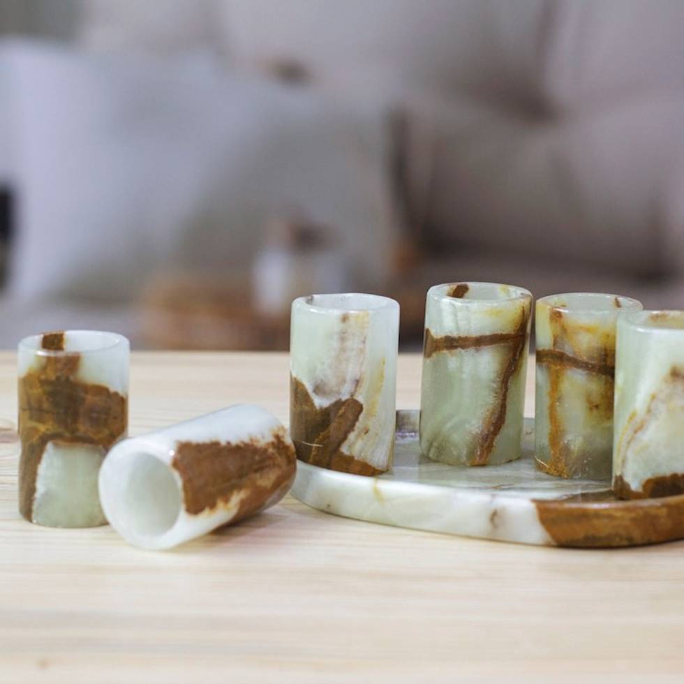 Set of 6 Modern Green and Brown Natural Onyx Tequila Glasses 'Earth's Modernity'