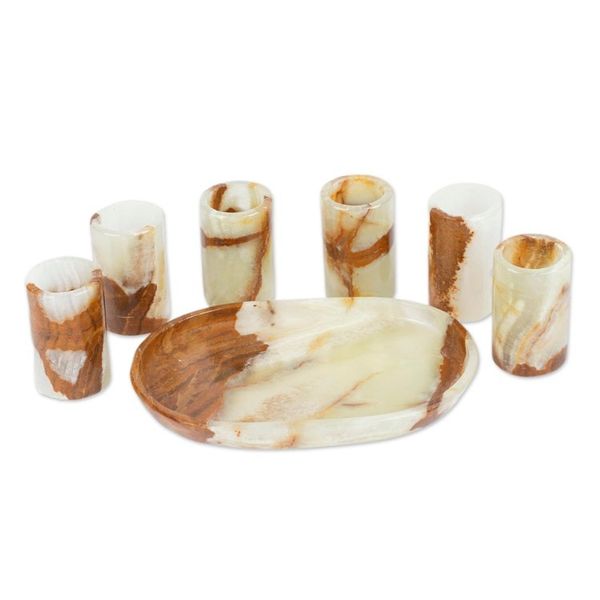 Alternate image for Set of 6 Modern Green and Brown Natural Onyx Tequila Glasses Earths Modernity