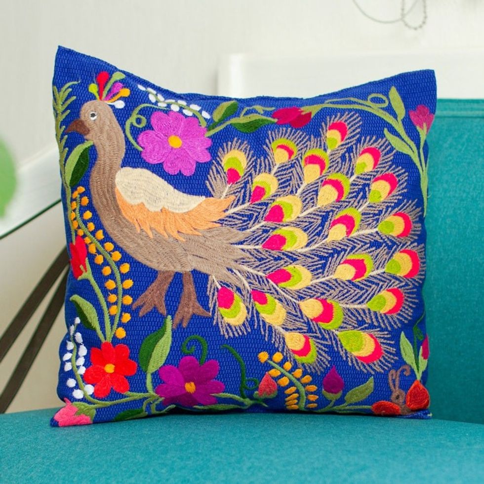 Hand-Embroidered Multicolored Cushion Cover 'Peacock Party'