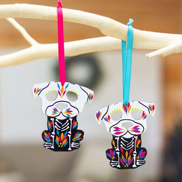 Alternate image for 2 Hand-Painted Wood Day of the Dead Skeleton Dog Ornaments Day of the Dead Dog