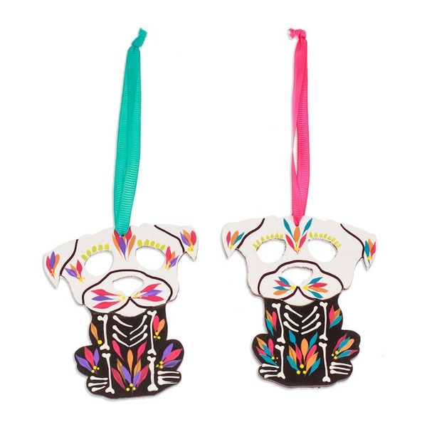 Alternate image for 2 Hand-Painted Wood Day of the Dead Skeleton Dog Ornaments Day of the Dead Dog