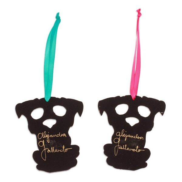 Alternate image for 2 Hand-Painted Wood Day of the Dead Skeleton Dog Ornaments Day of the Dead Dog