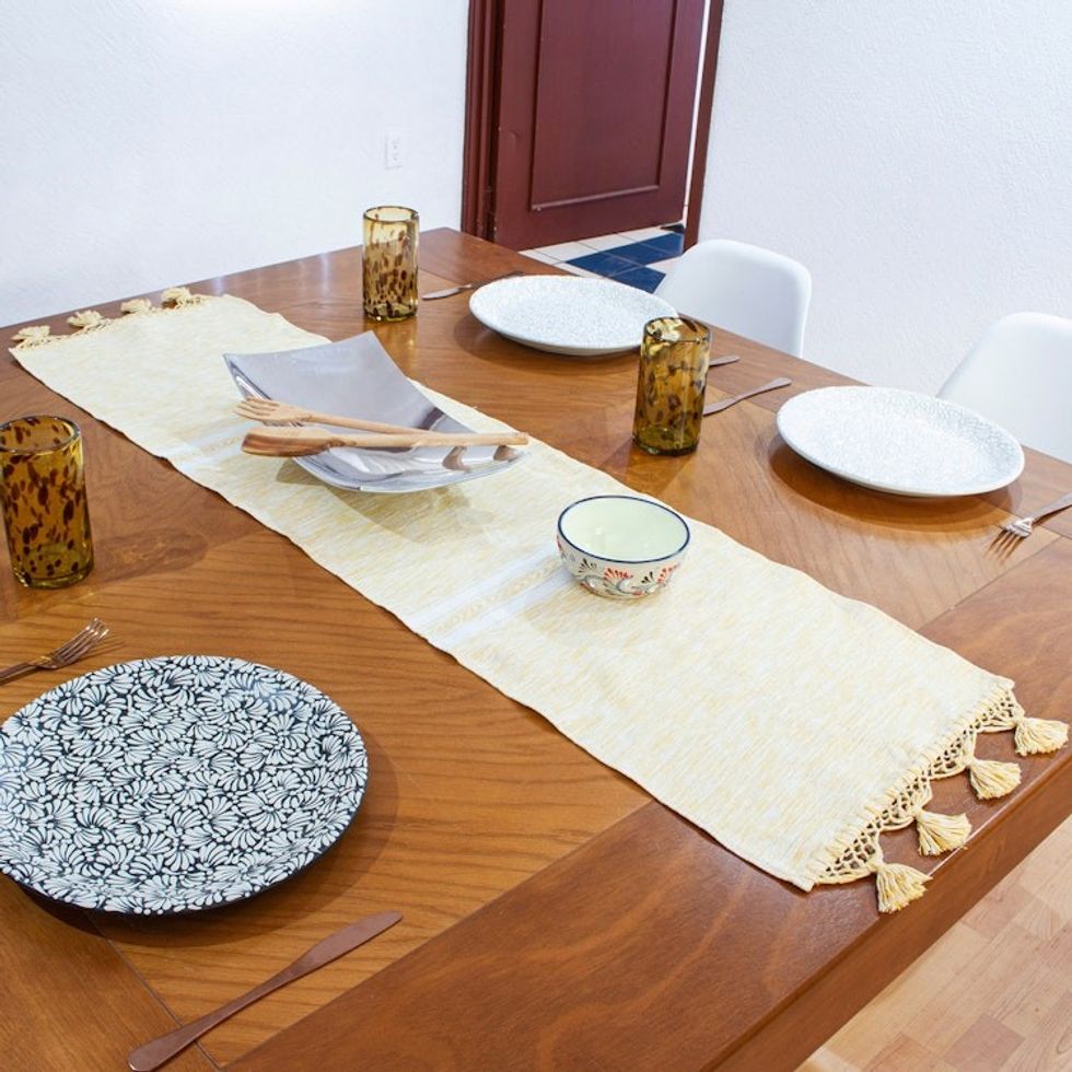 Handloomed Cotton Table Runner in White and Honey Hues 'Honey Delight'