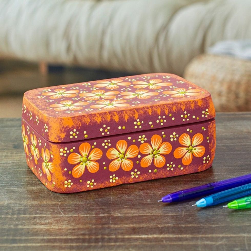 Handcrafted Orange Decorative Wood Box with Floral Details 'Secret Summer'