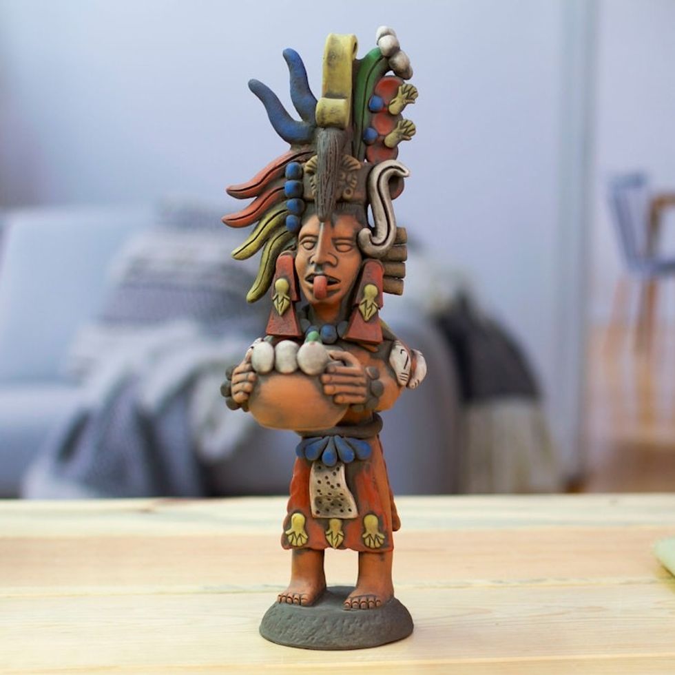 Hand-Painted Folk Art Maya Shaman Ceramic Sculpture 'Maya Shaman'