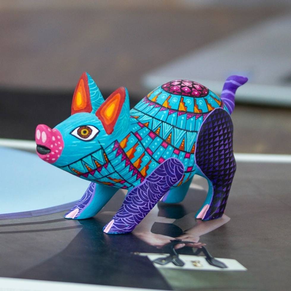 Colorful Wood Alebrije Pig Figurine Hand-Painted in Mexico 'Playful Pig'