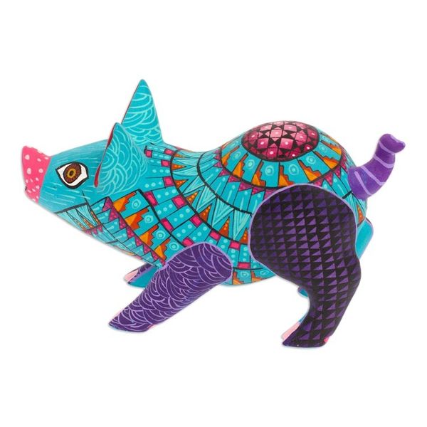 Alternate image for Colorful Wood Alebrije Pig Figurine Hand-Painted in Mexico Playful Pig
