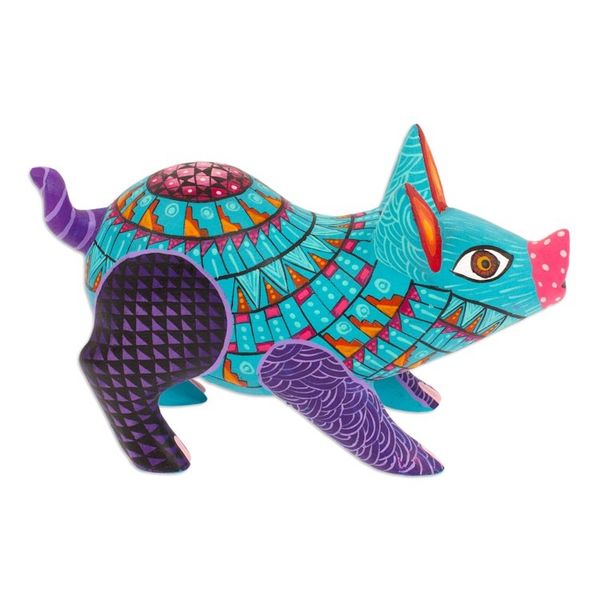 Alternate image for Colorful Wood Alebrije Pig Figurine Hand-Painted in Mexico Playful Pig