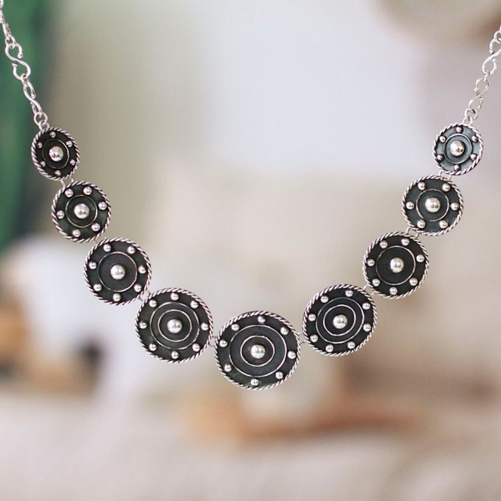 Modern Taxco Sterling Silver Oxidized Link Necklace 'Wheels of Style'
