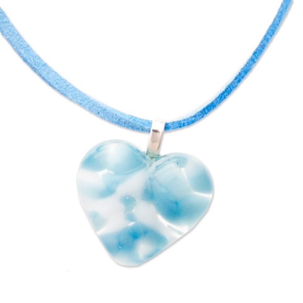Art Glass Heart-Shaped Pendant Necklace in Blue and White 'My Heavenly Love'