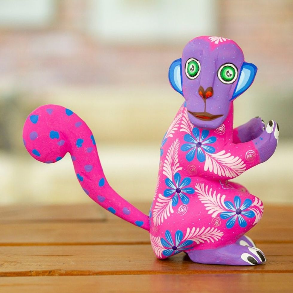 Floral Painted Azalea Copal Wood Alebrije Monkey Figurine 'Playful Soul in Azalea'