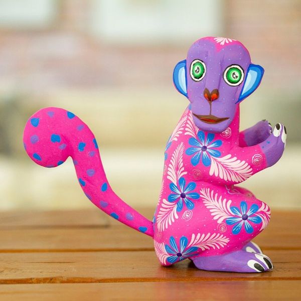 Alternate image for Floral Painted Azalea Copal Wood Alebrije Monkey Figurine Playful Soul in Azalea