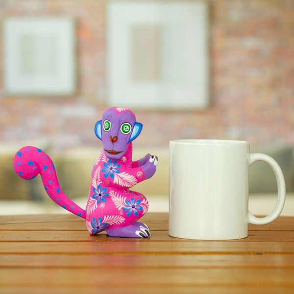 Alternate image for Floral Painted Azalea Copal Wood Alebrije Monkey Figurine Playful Soul in Azalea