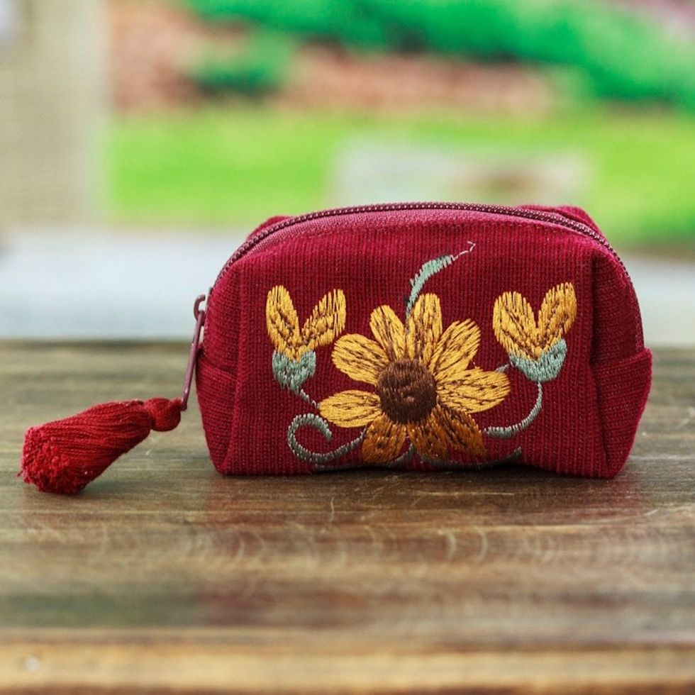 Embroidered Floral Burgundy and Marigold Cotton Coin Purse 'Burgundy Spring'