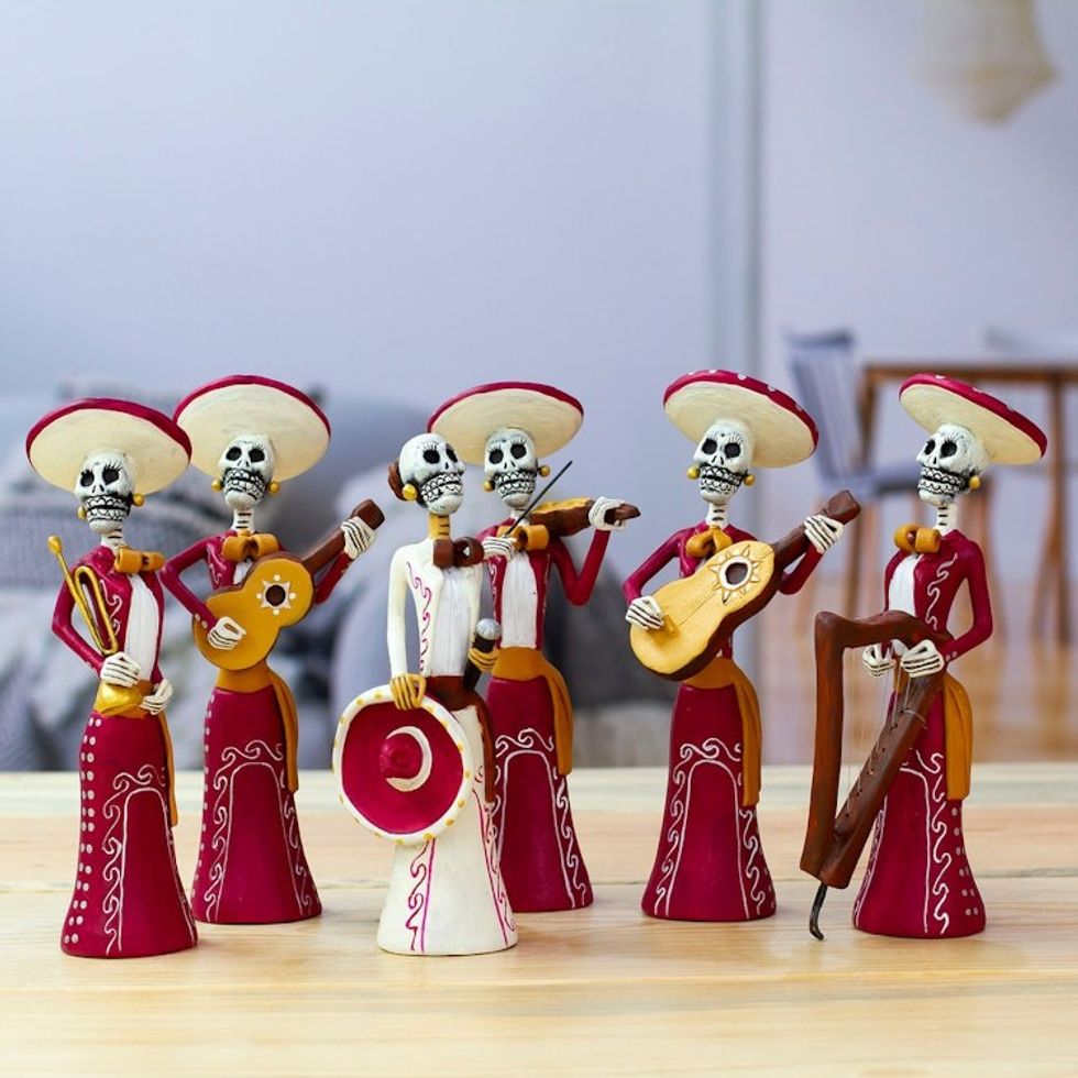 Set of 6 Painted Classic Female Mariachi Ceramic Sculptures 'Underworld Girl Serenade'