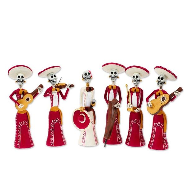 Alternate image for Set of 6 Painted Classic Female Mariachi Ceramic Sculptures Underworld Girl Serenade