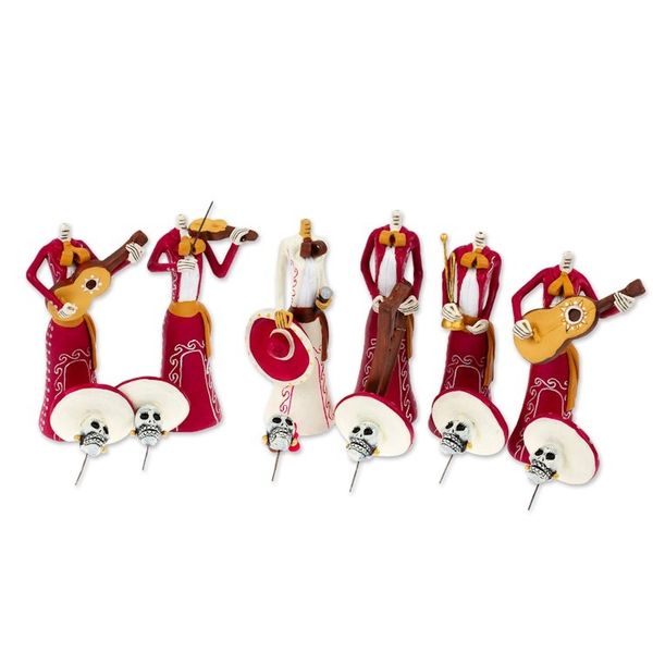 Alternate image for Set of 6 Painted Classic Female Mariachi Ceramic Sculptures Underworld Girl Serenade