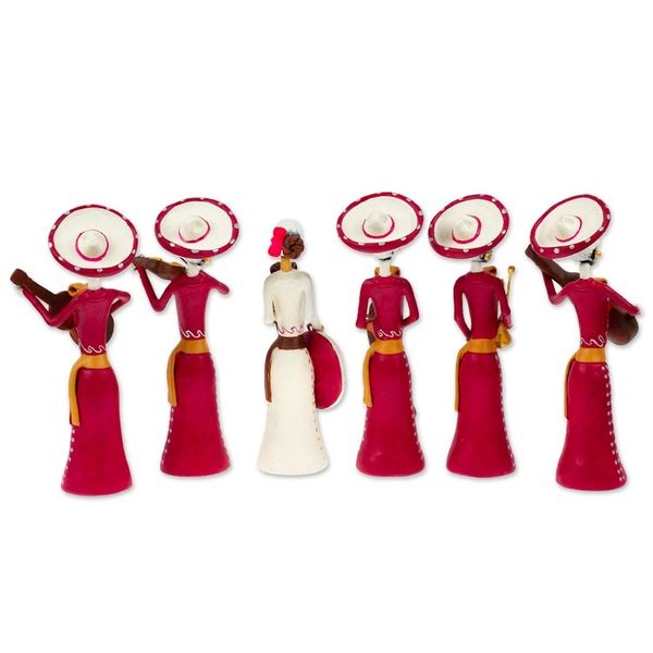 Alternate image for Set of 6 Painted Classic Female Mariachi Ceramic Sculptures Underworld Girl Serenade