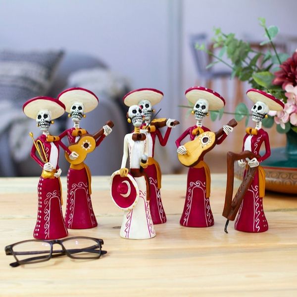 Alternate image for Set of 6 Painted Classic Female Mariachi Ceramic Sculptures Underworld Girl Serenade
