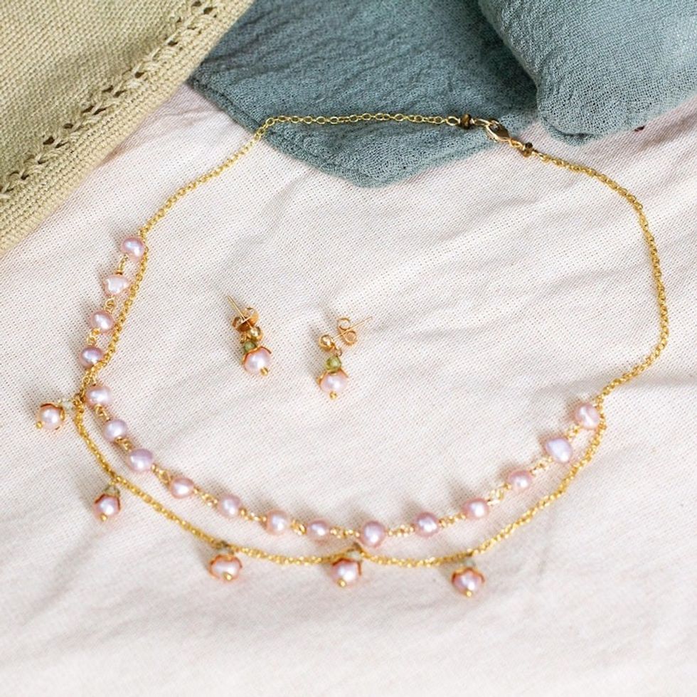 Polished 14k Gold-Plated Pink Pearl and Apatite Jewelry Set 'Glorious Deity'