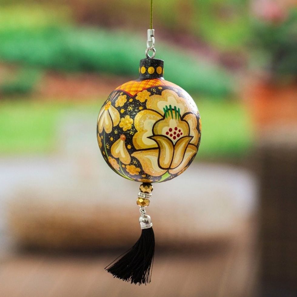 Hand-Painted Floral Copal Wood Ornament in a Golden 'Oaxaca's Golden Spring'