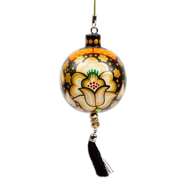 Alternate image for Hand-Painted Floral Copal Wood Ornament in a Golden Oaxacas Golden Spring