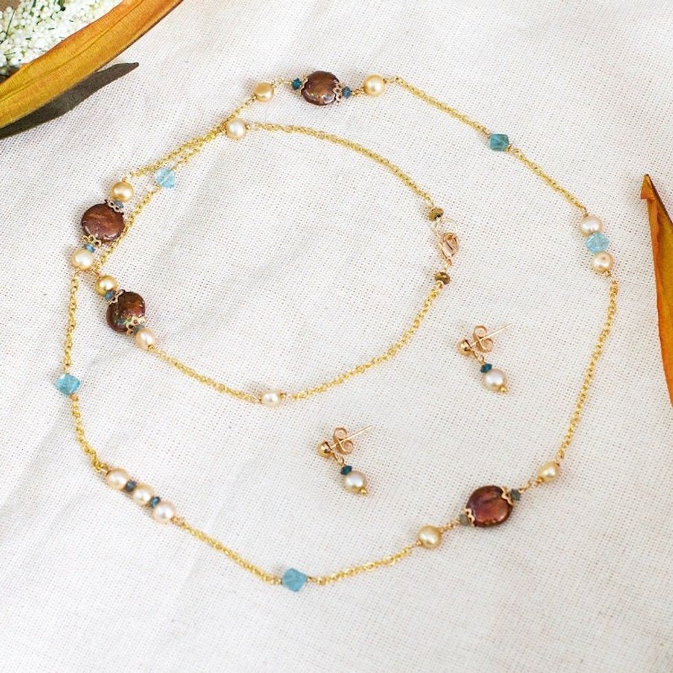 14k Gold-Plated Cultured Pearl and Apatite Jewelry Set 'Queen of the Victorious'