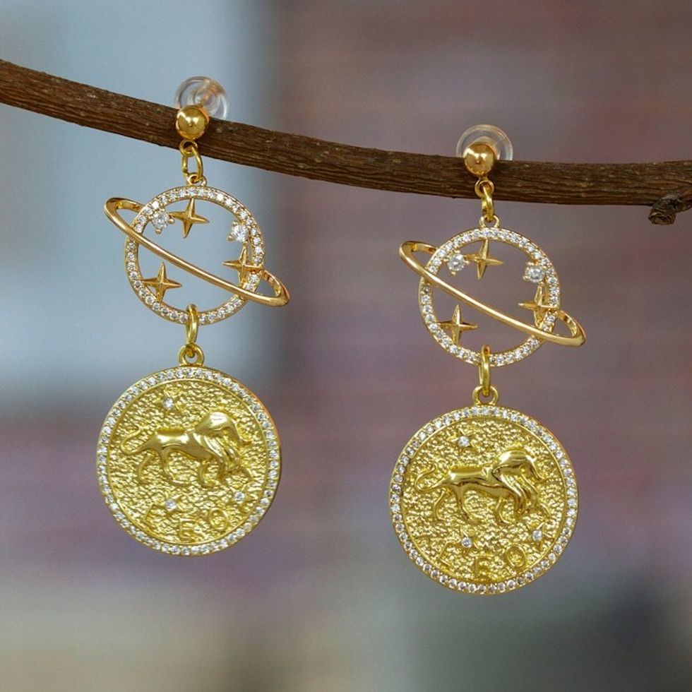 Cosmos-Themed 24k Gold-Plated Brass Leo Dangle Earrings 'Leo Galaxy'
