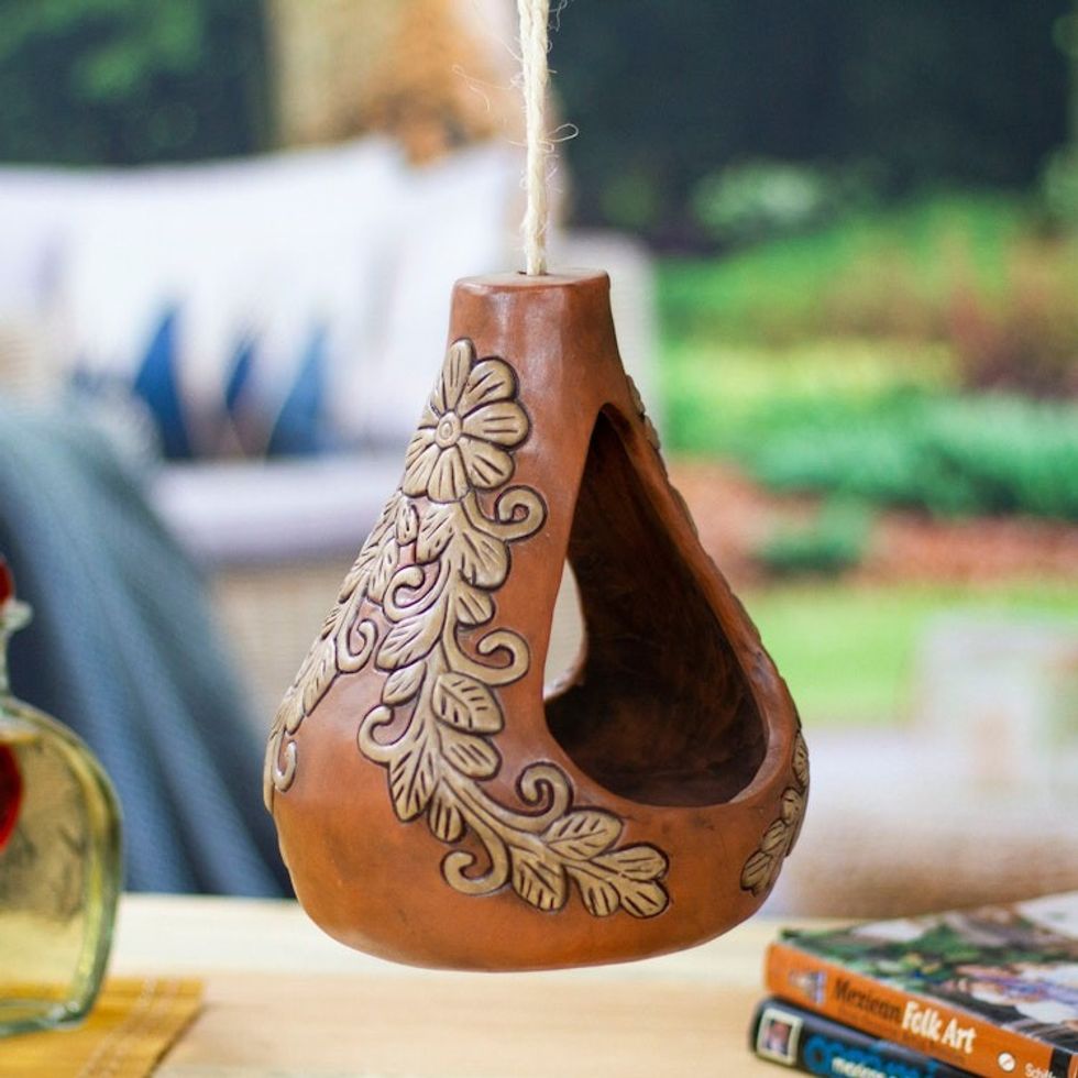 Floral Hand-Painted Warm-Toned Ceramic Hanging Planter 'Mexico's Nature'
