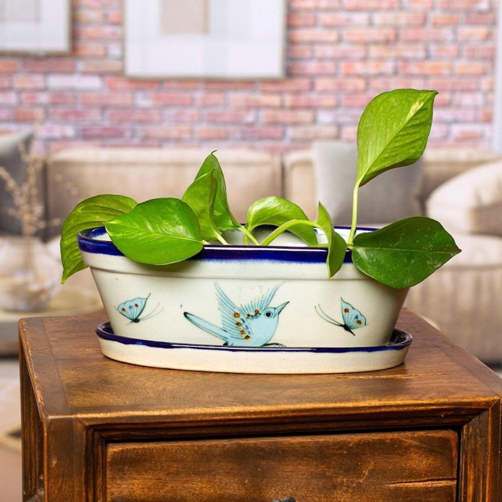 Hand-Painted Ceramic Flower Pot from Mexico 'Bird Garden'
