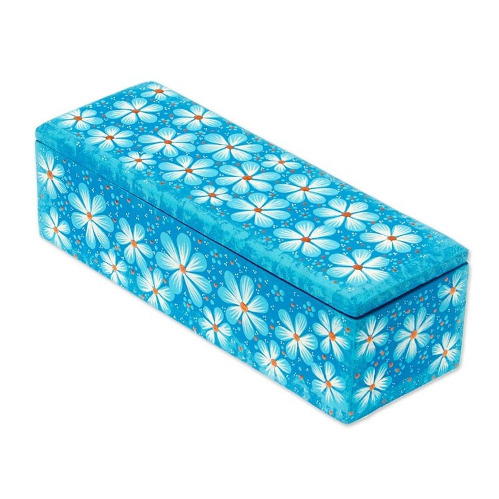 Hand-Painted Wooden Decorative Box 'Sky Blue Flowers'
