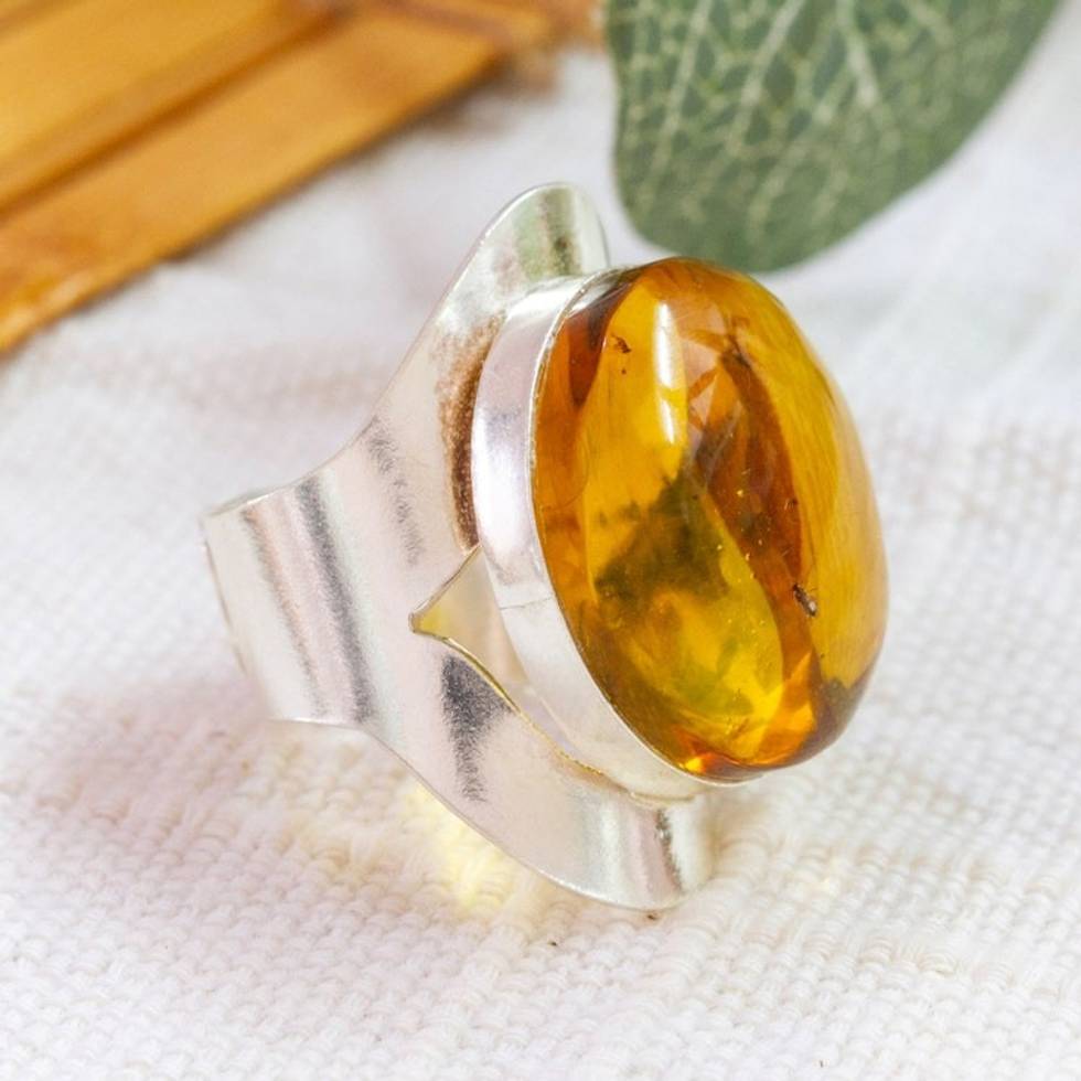 Sterling Silver Adjustable Cocktail Ring with Round Amber 'Shimmering Glam'