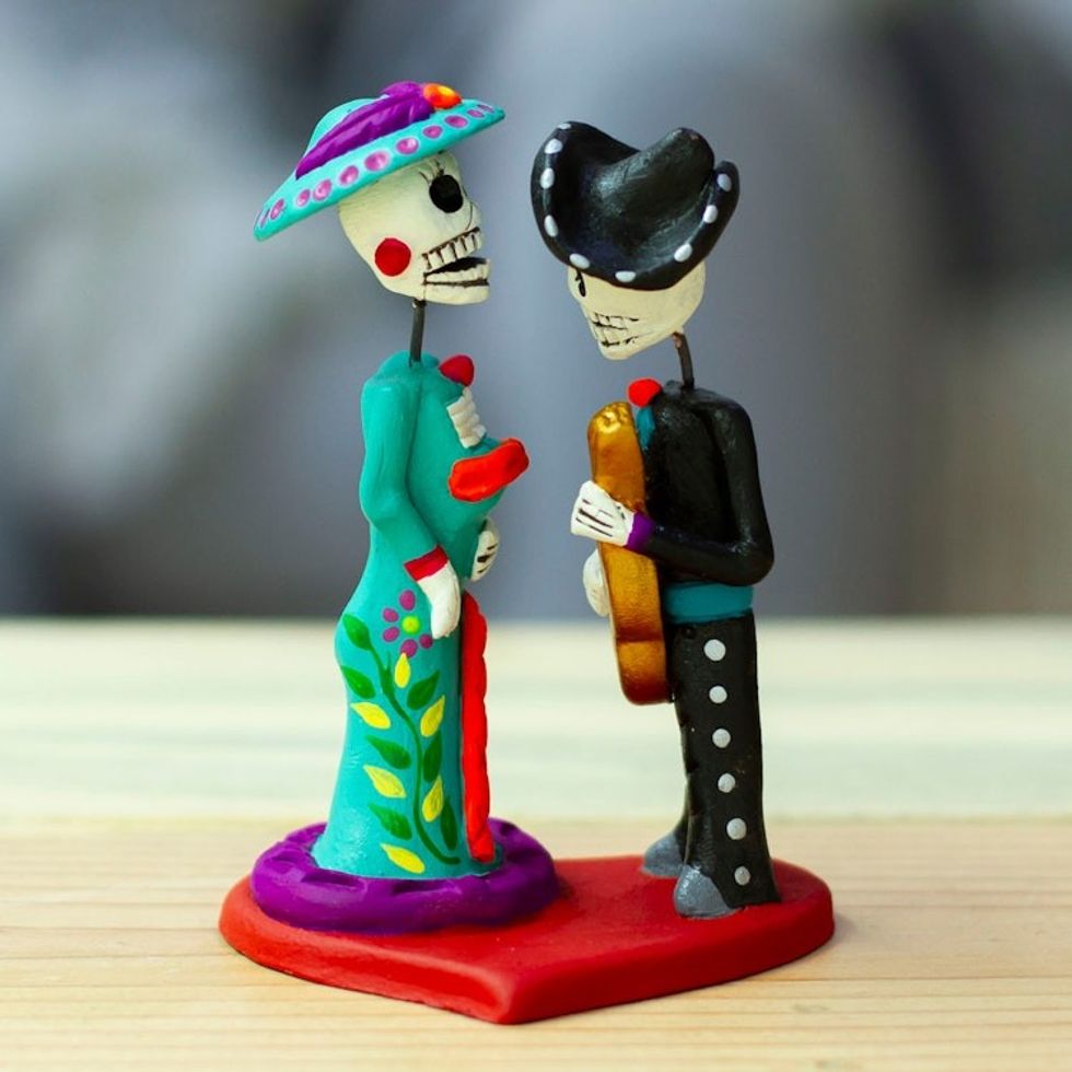 Hand-Painted Music-Themed Romantic Day of The Dead Sculpture 'Musical Liaison'