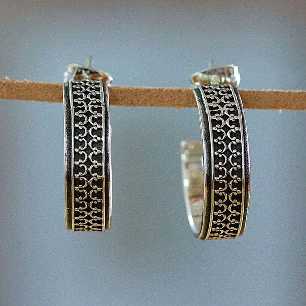 Classic Embossed Taxco Silver Half-Hoop Earrings 'Elegant Fretwork'