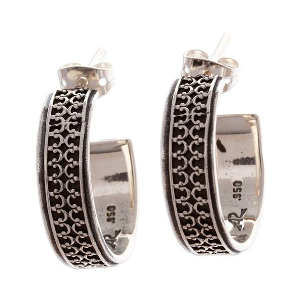 Alternate image for Classic Embossed Taxco Silver Half-Hoop Earrings Elegant Fretwork