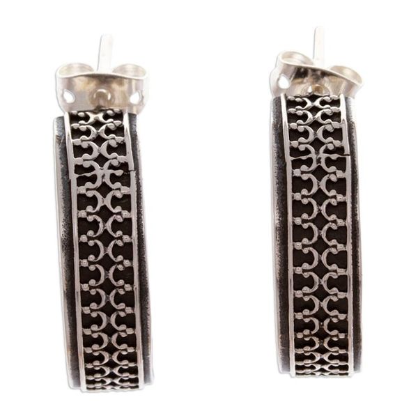 Alternate image for Classic Embossed Taxco Silver Half-Hoop Earrings Elegant Fretwork